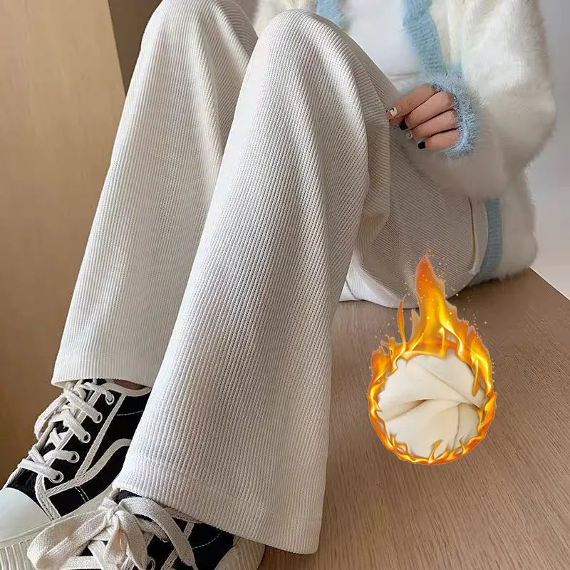 Calças largas de lã feminina inverno cintura alta calças compridas soltas casuais