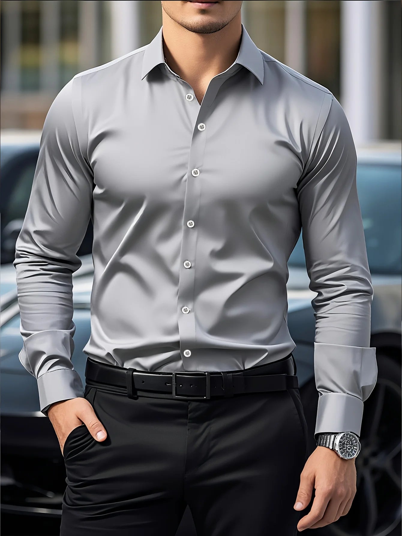 Elegant Men's Long Sleeve Stretch Shirt - Multiple Colors
