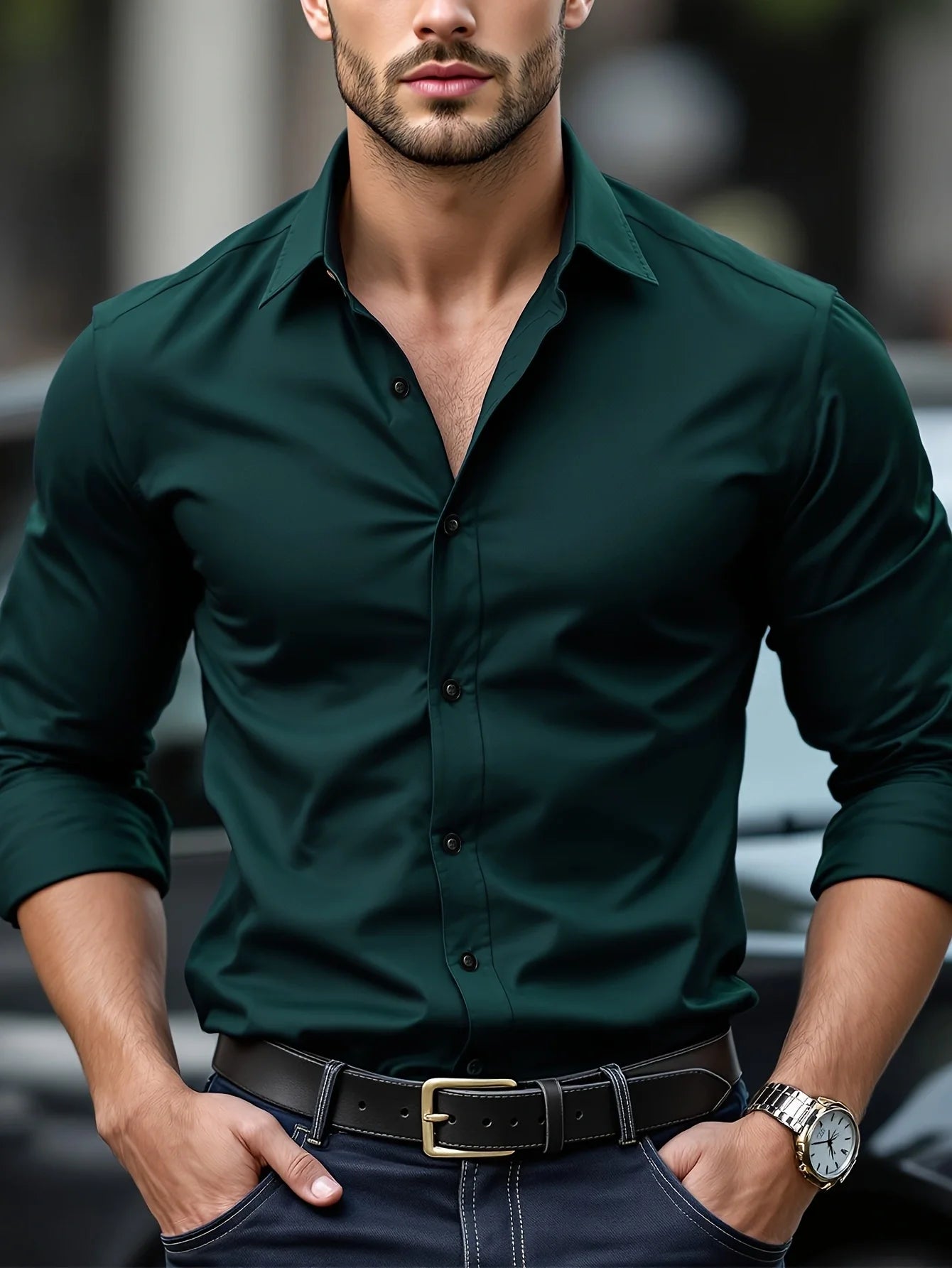 Elegant Men's Long Sleeve Stretch Shirt - Multiple Colors