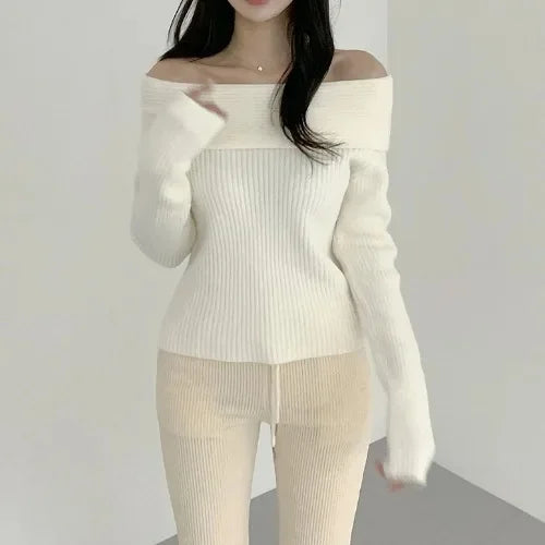 Korean Style Off-Shoulder Knit Sweater - Chic Autumn Fashion