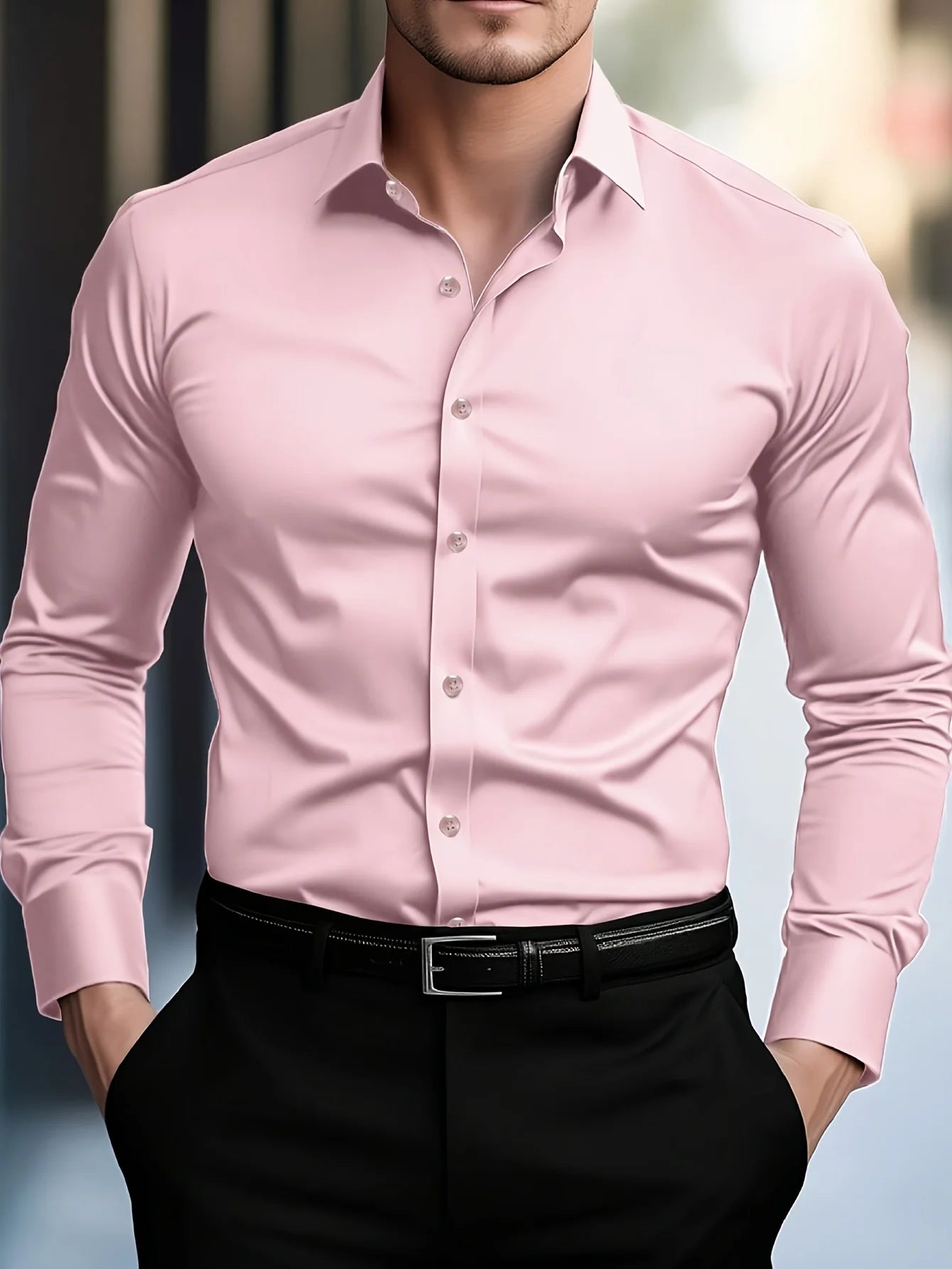Elegant Men's Long Sleeve Stretch Shirt - Multiple Colors