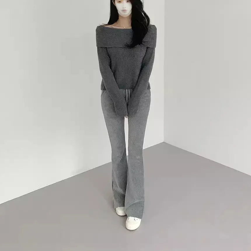 Estilo coreano puro desejo um ombro camisola de malha engrossado manga longa fino ajuste moda feminina roupas outono