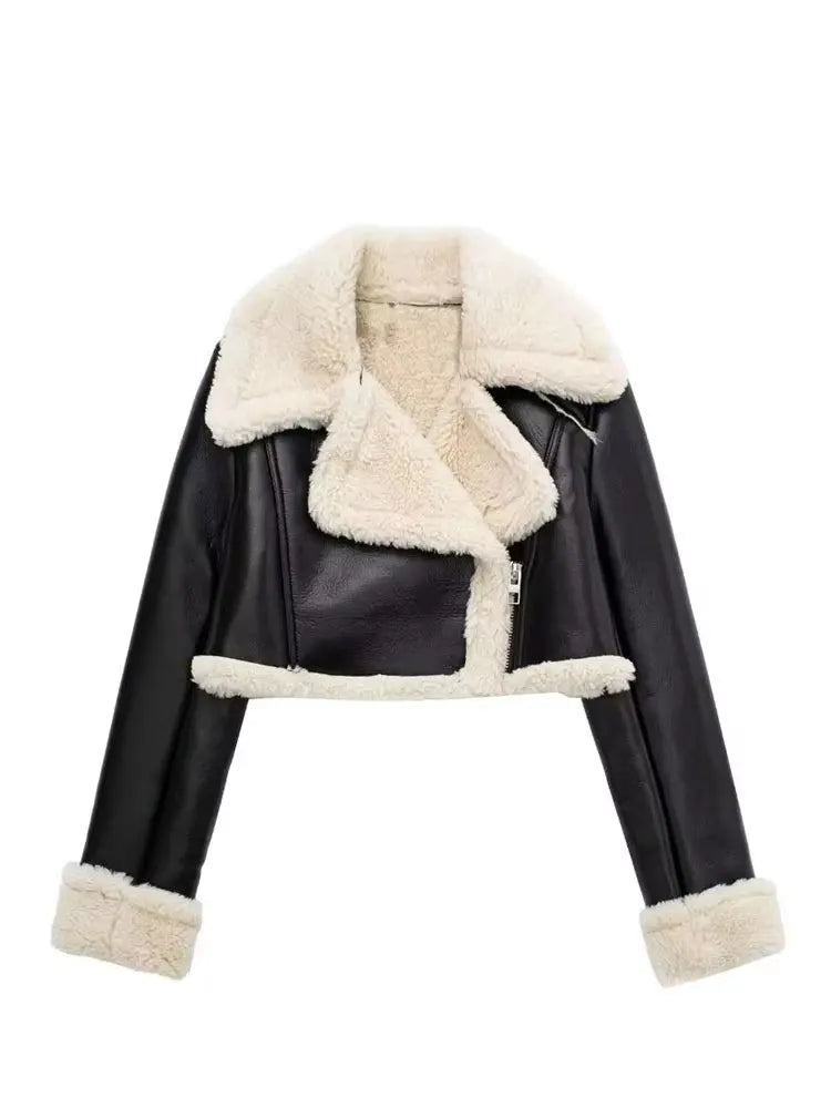 Hh feminino couro falso engrossar jaqueta curta vintage zíper frontal lapela manga longa casaco de inverno feminino quente casual outerwear