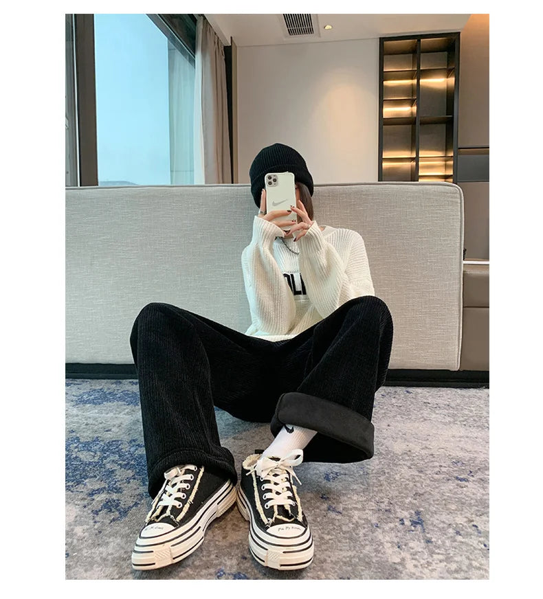 Calças largas de lã feminina inverno cintura alta calças compridas soltas casuais