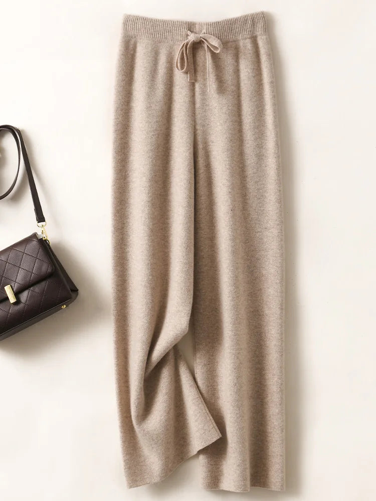 Outono inverno calças femininas básicas macias casuais faixas 100% lã merino malhas coreano calças populares