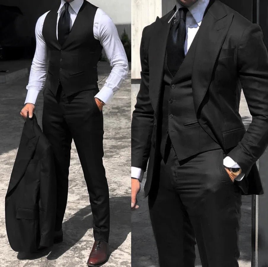 Terno masculino preto, jaqueta de escritório, calças, colete, conjunto de três peças, slim fit, smoking de casamento para homens, roupas personalizadas de alta qualidade