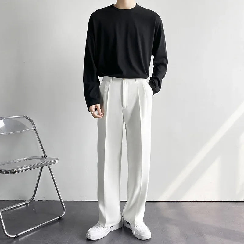 2025 novos homens calças retas moda coreano solto terno calças casuais drapeado baggy branco calça larga masculino streetwear