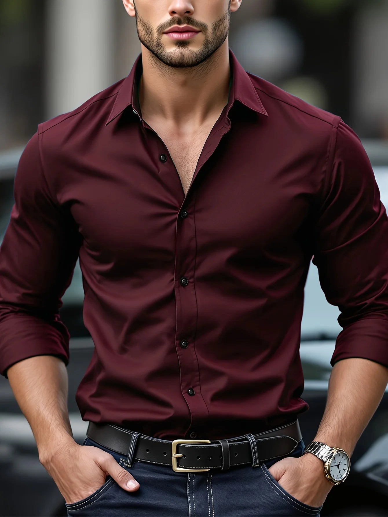 Elegant Men's Long Sleeve Stretch Shirt - Multiple Colors