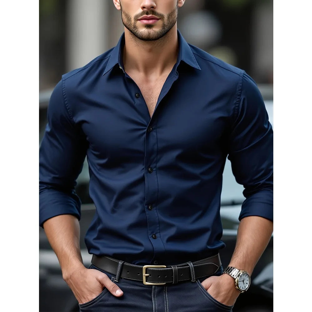 Elegant Men's Long Sleeve Stretch Shirt - Multiple Colors