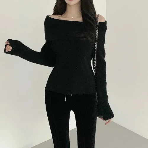 Korean Style Off-Shoulder Knit Sweater - Chic Autumn Fashion